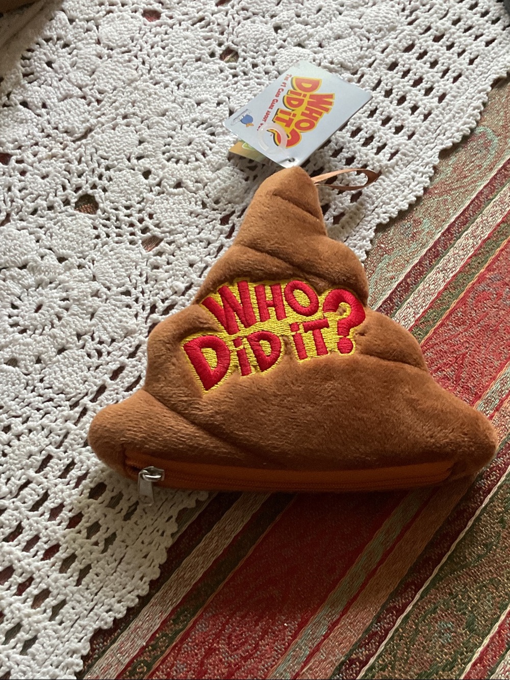 Novelty Brown Plush Kids Zip Pouch with 'Who Did It?' Embroidery